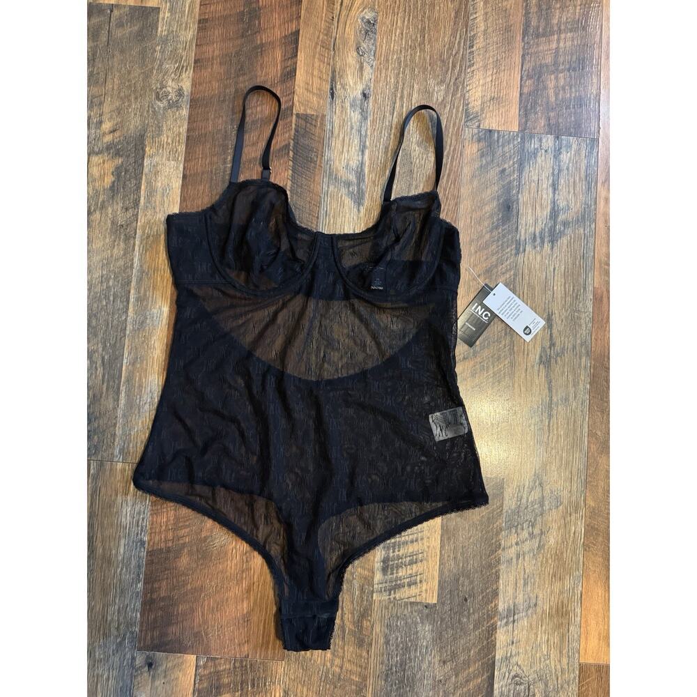 INC International Concepts Sheer Logo Print Thong Bodysuit Teddy UW Womens XL